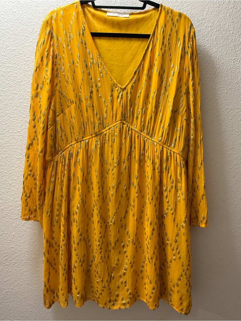 A Beautiful Soul Dress Women XL Yellow Gold Lurex Boho V-Neck Mini Tunic Chiffon